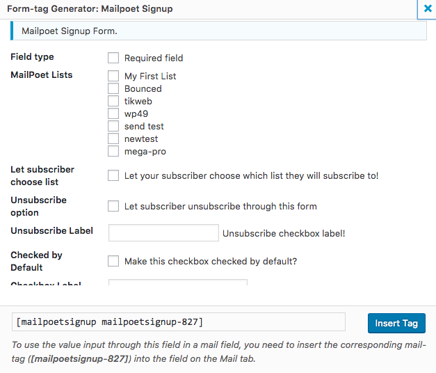 A view of the MailPoet Signup Tag Generator