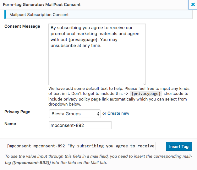 A view of the MailPoet Consent Tag Generator