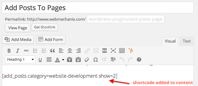 Showing step 1: adding the shortcode to your page content.
