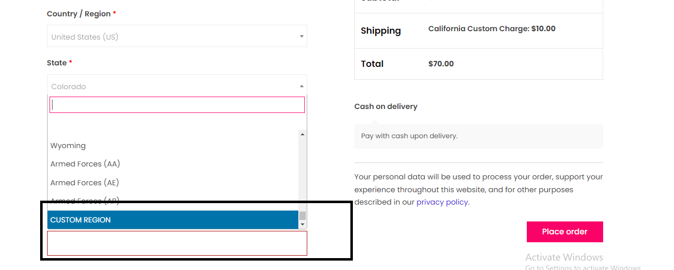 Display Custom Region in Checkout Page Example #3