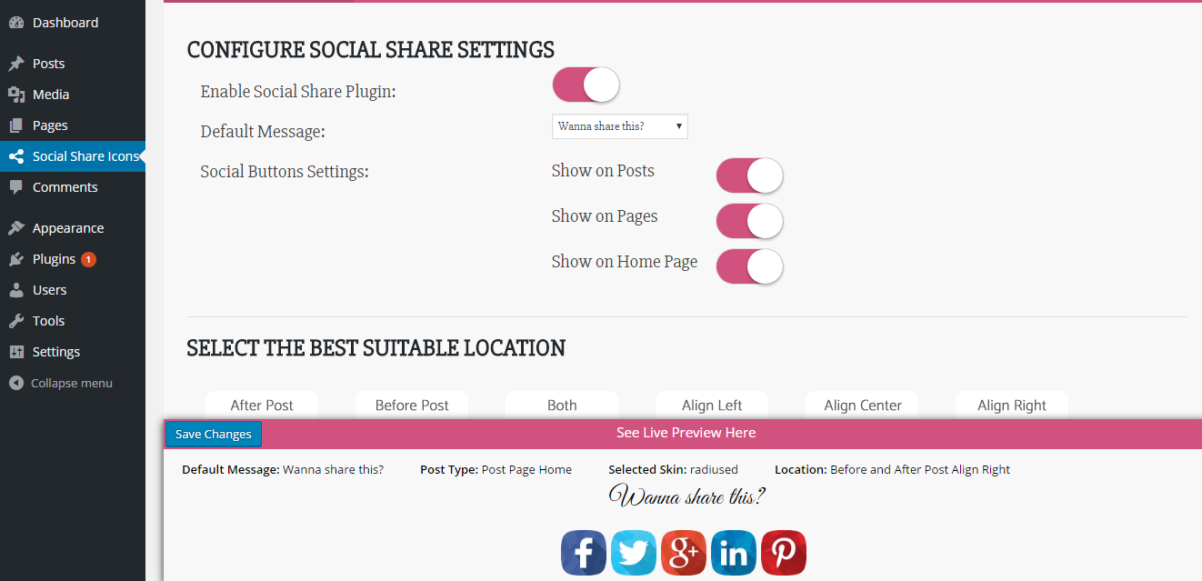 Social Share Icons settings page