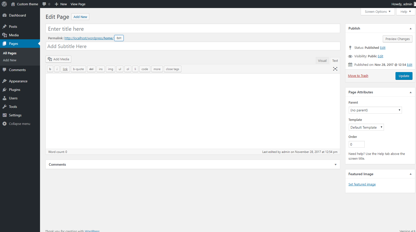 Admin panel Add subtitle page/post