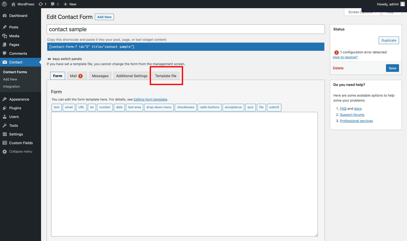 Open the "Template File" tab on the Edit screen of Contact Form 7.