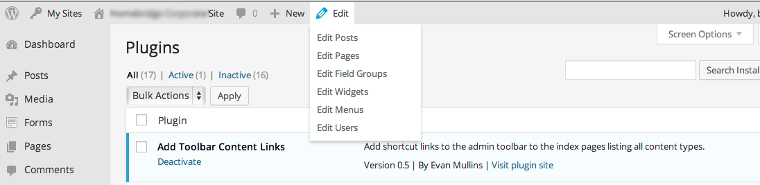 Showing immediately after the plugin is activated. There is now a toolbar link with dropdown to all the content type content. Note the 'Field Group' CPT.