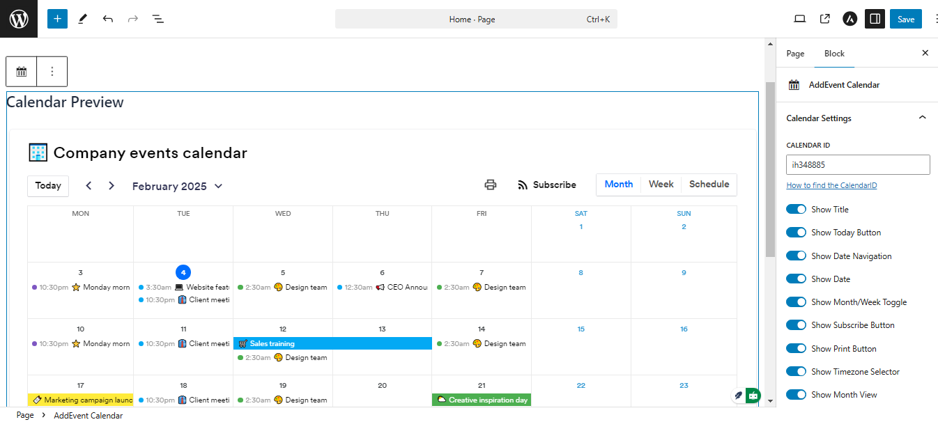 **Block Settings Panel** - Configure the Calendar ID directly in the block settings and customize your events calendar display settings.