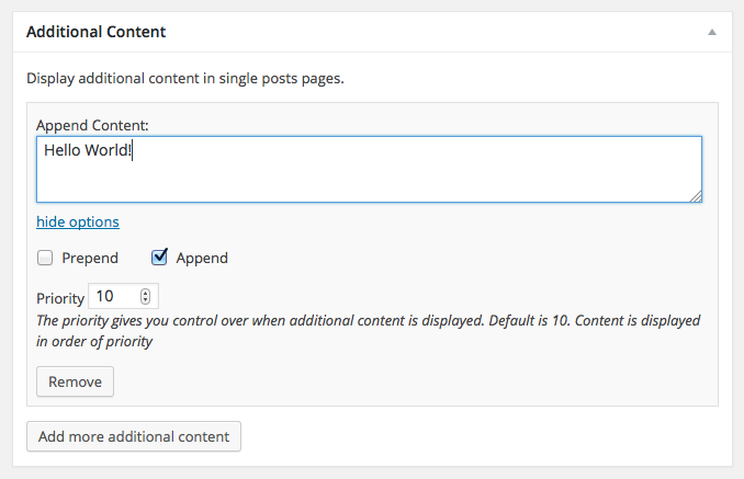 Add additional content in the edit or publish post screen.
