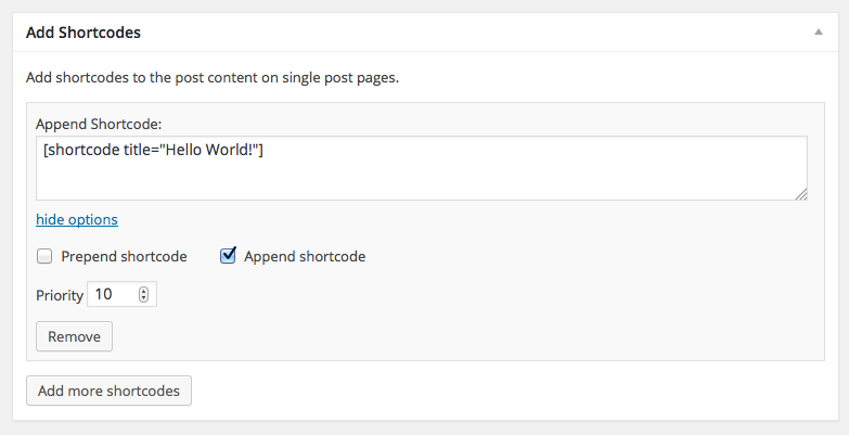 Additional Content metabox with text strings changed for shortcodes.
