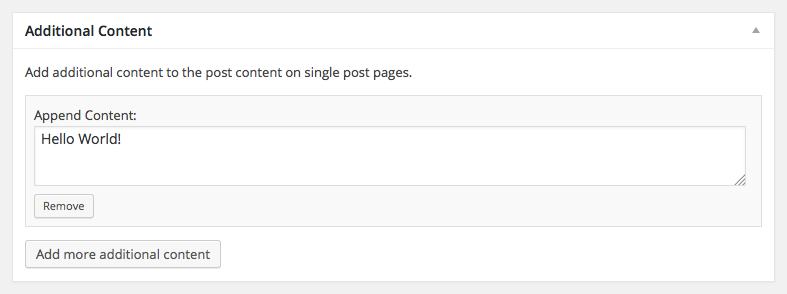 Additional Content metabox with options removed with a filter.