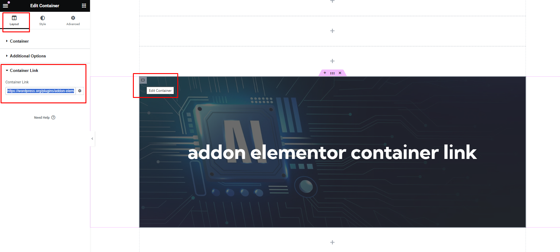 Edit Page in Elementor Page Builder-> Layout Tab -> Container Link
