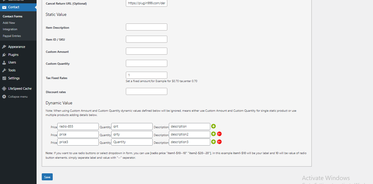 PayPal Static and Daynamic Value