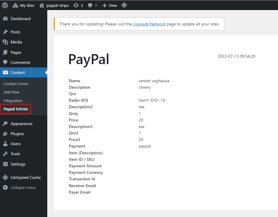 PayPal Entries