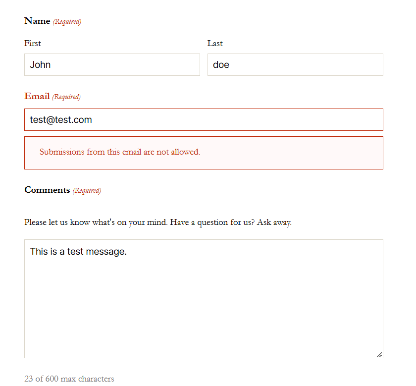 **Validation Example** - A blocked submission with a custom message.