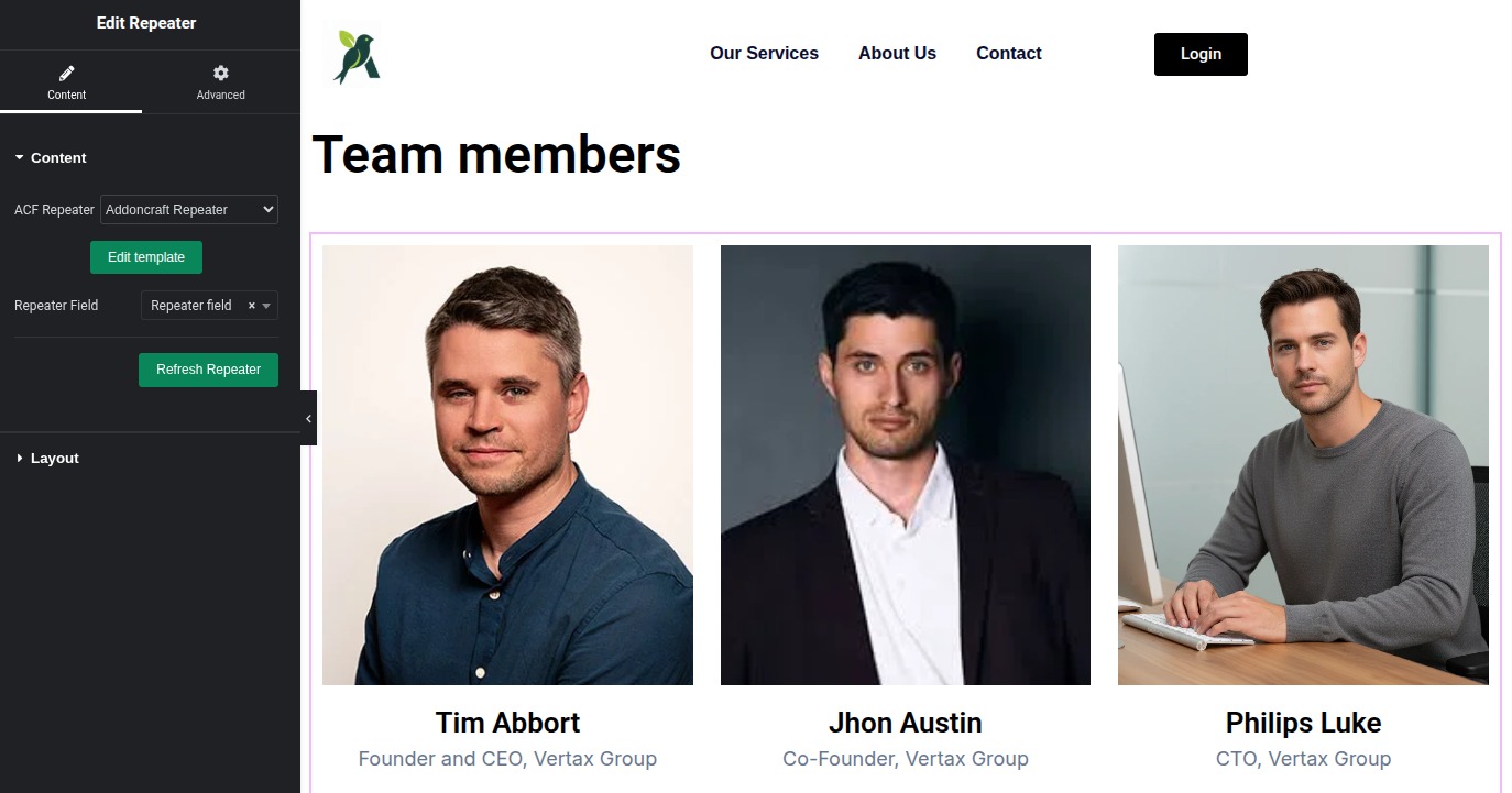 Add the repeater item content in the **Repeater Template editor**.