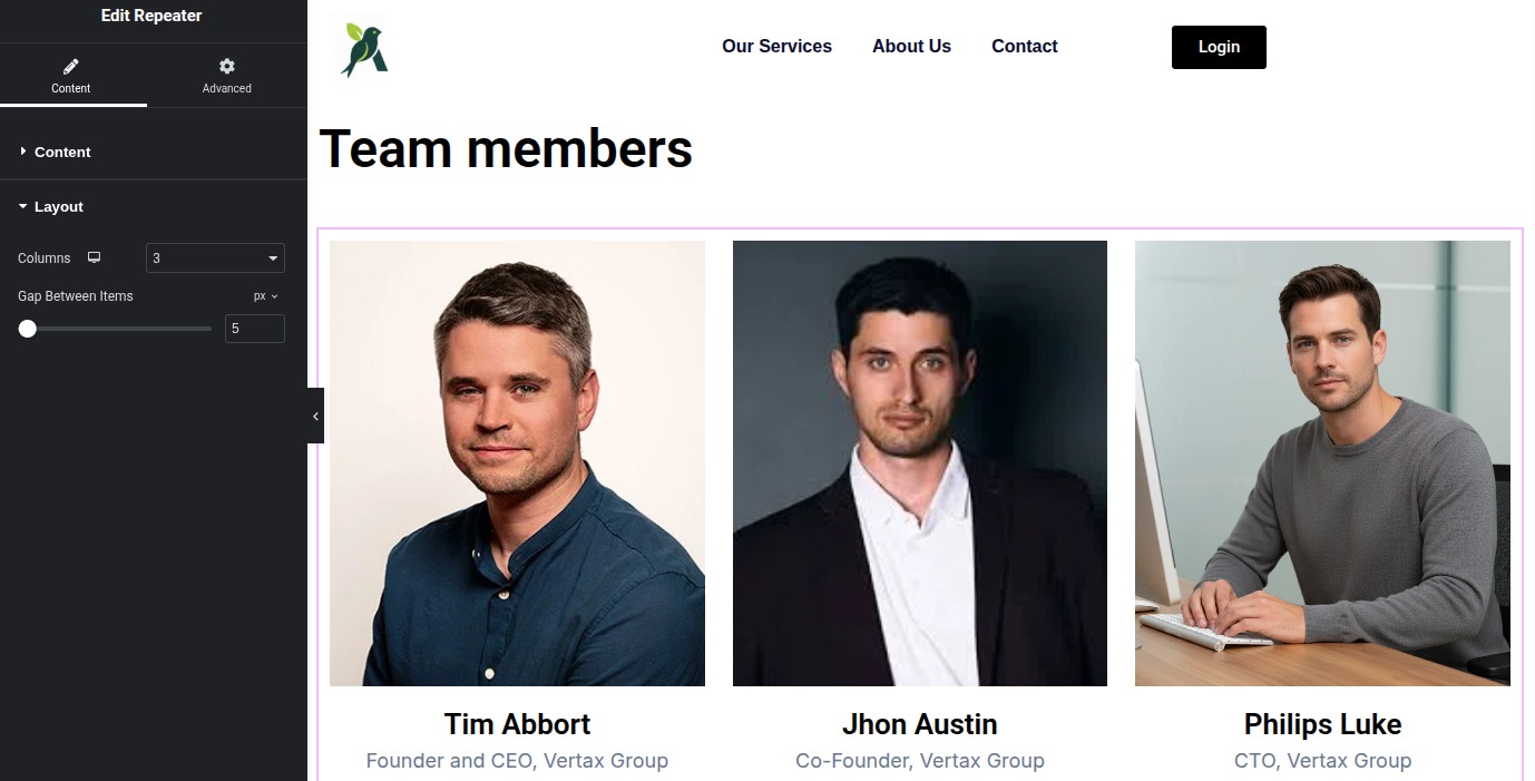 View the **frontend output** of the dynamic repeater content (for example, a **Team Member section** created using an ACF Repeater).