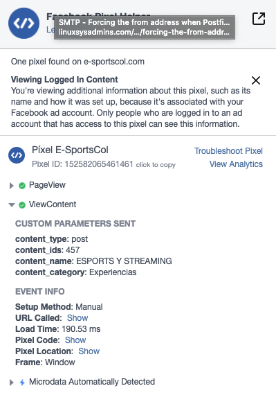 Here we see the parameters that have been sent and we can see that we send the correct content type parameters, the name and the internal ID of wordpress to Facebook for better monitoring.