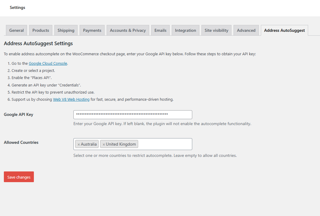**Settings Page**: Shows the plugin settings where you configure the Google API key and other options.
