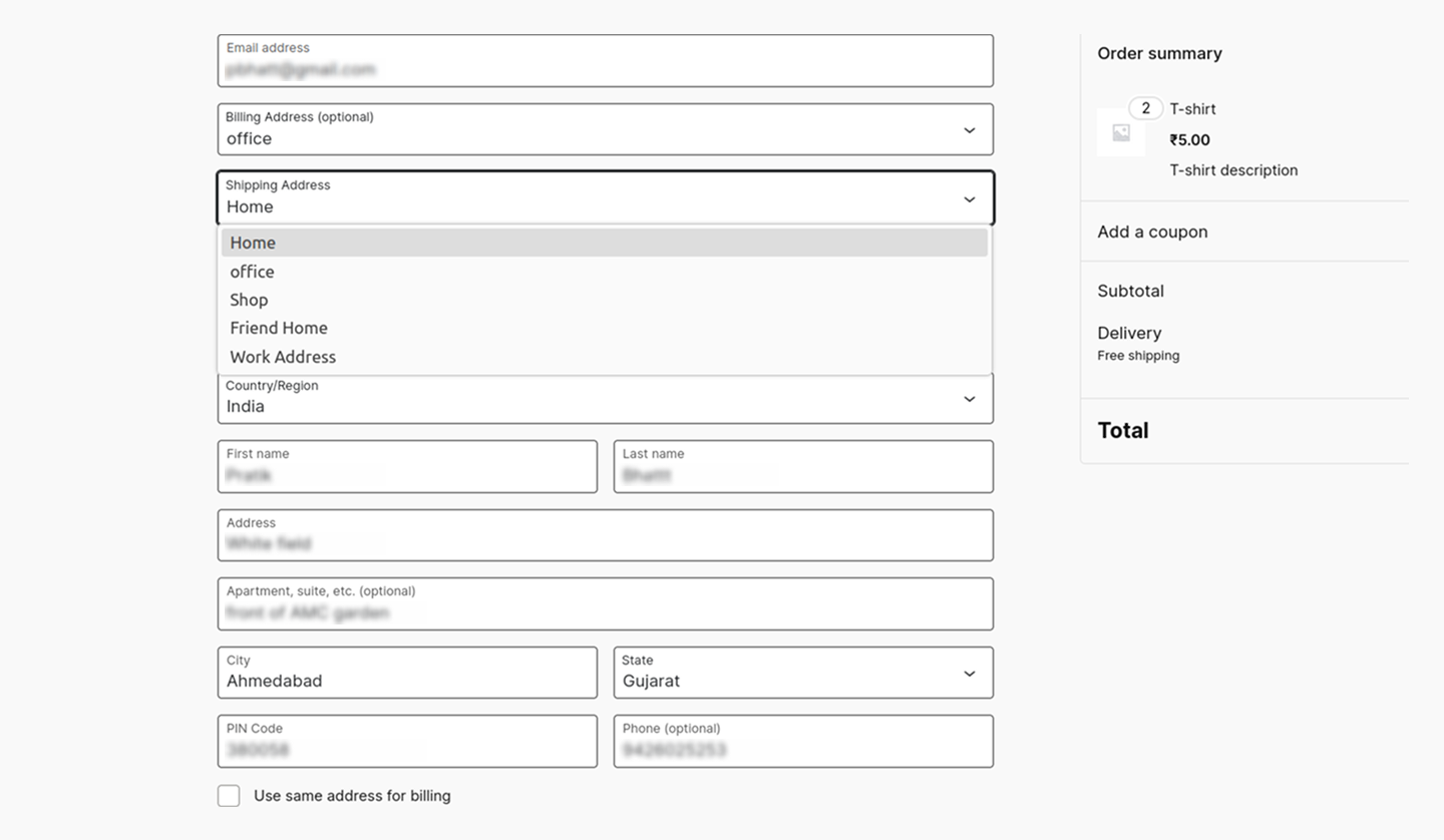 **Add Address Form** – A detailed form to add a new address with all required fields. *(screenshot-02.png)*