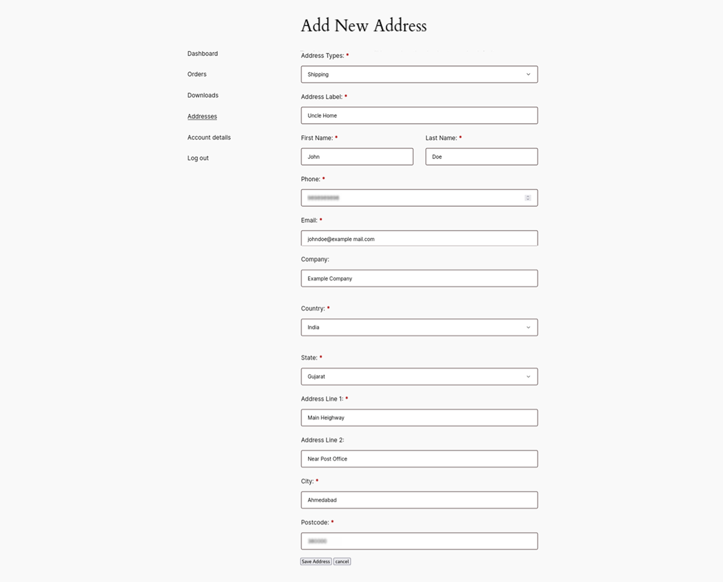 **Address in Order Details** – The selected billing and shipping addresses are displayed in the order summary. *(screenshot-07.png)*