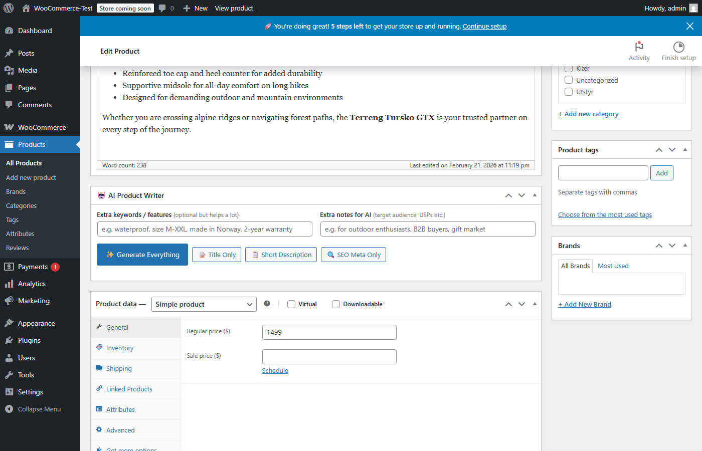 AI panel inside the WooCommerce product editor — enter keywords and generate