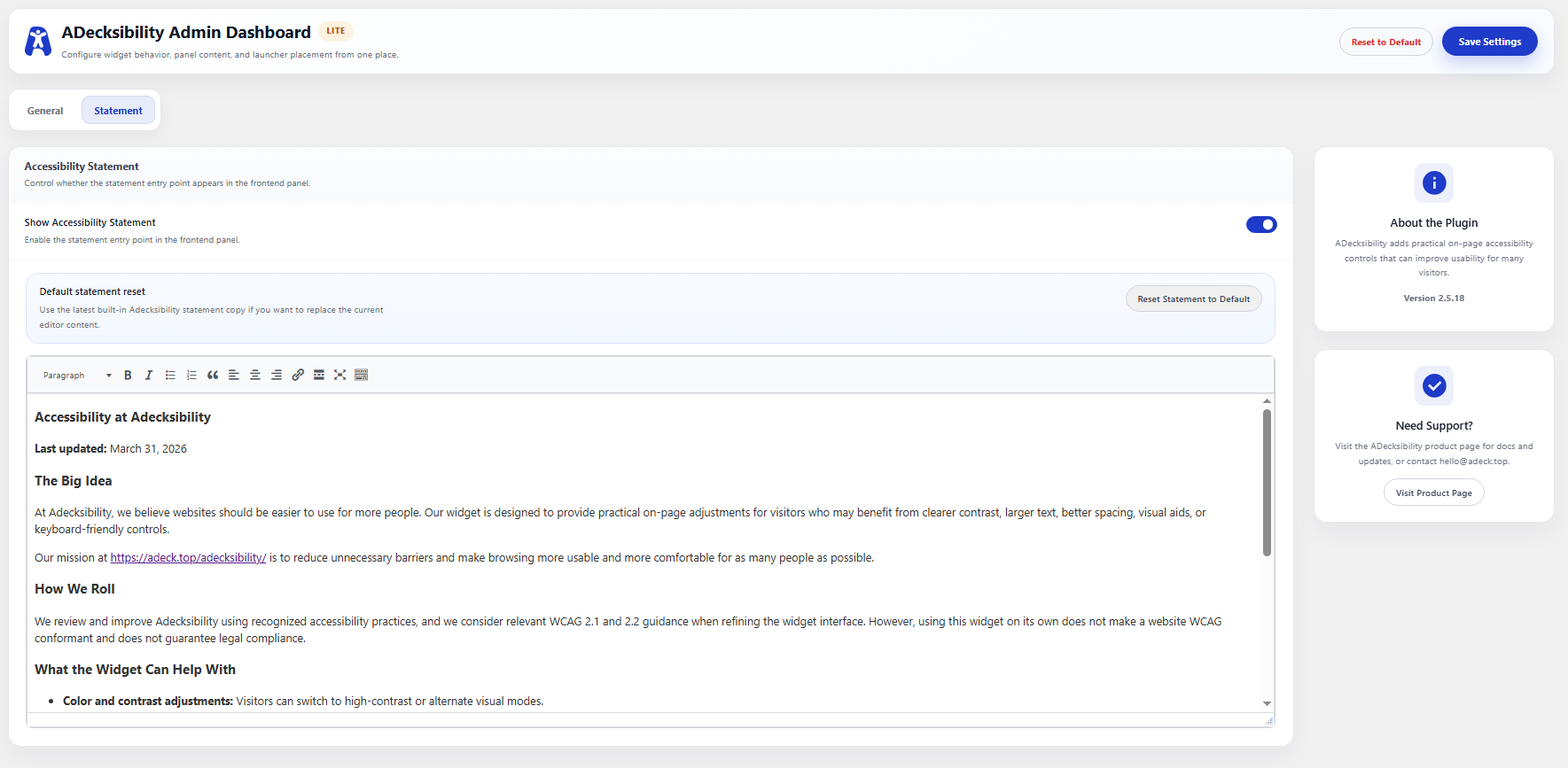 Accessibility panel with all controls