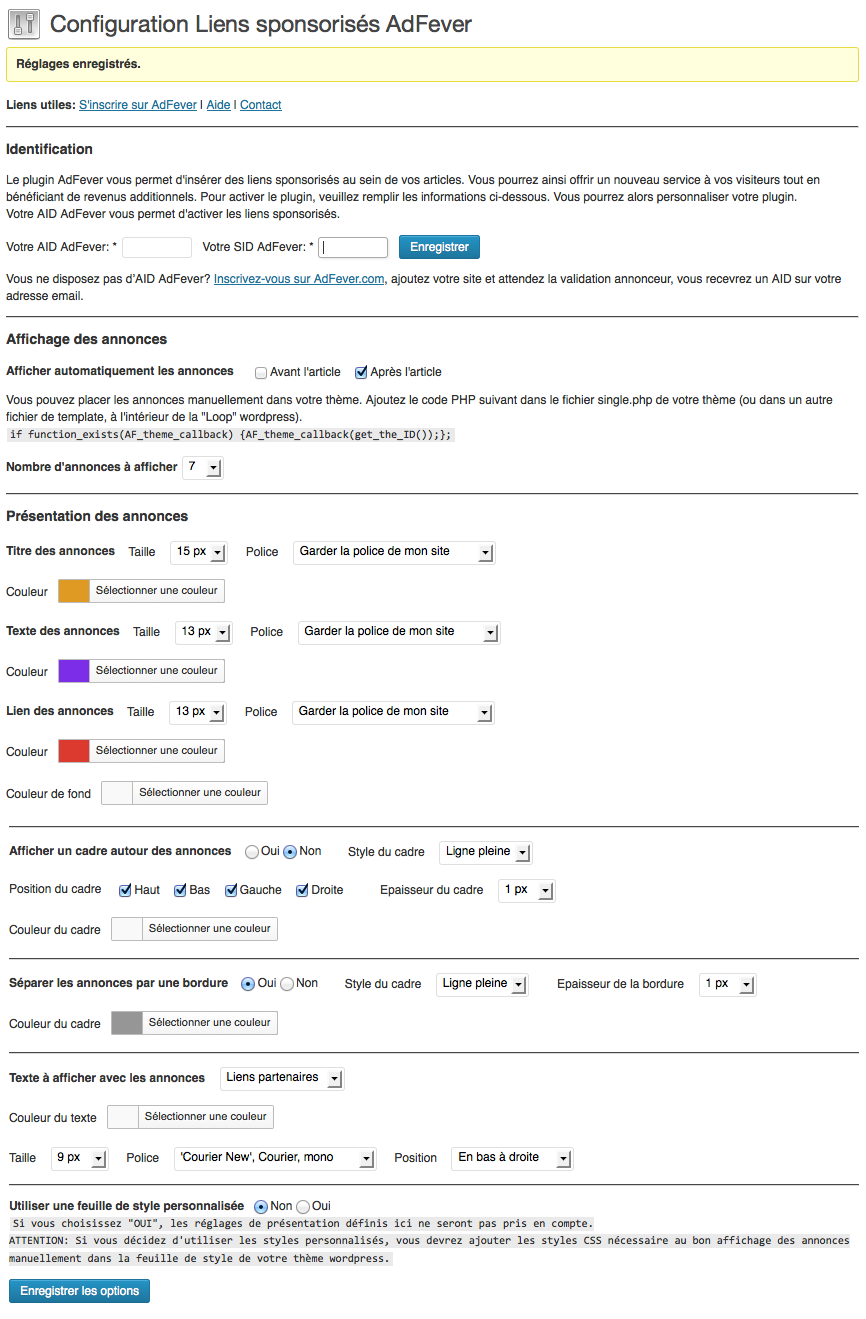 Page de configuration du plugin