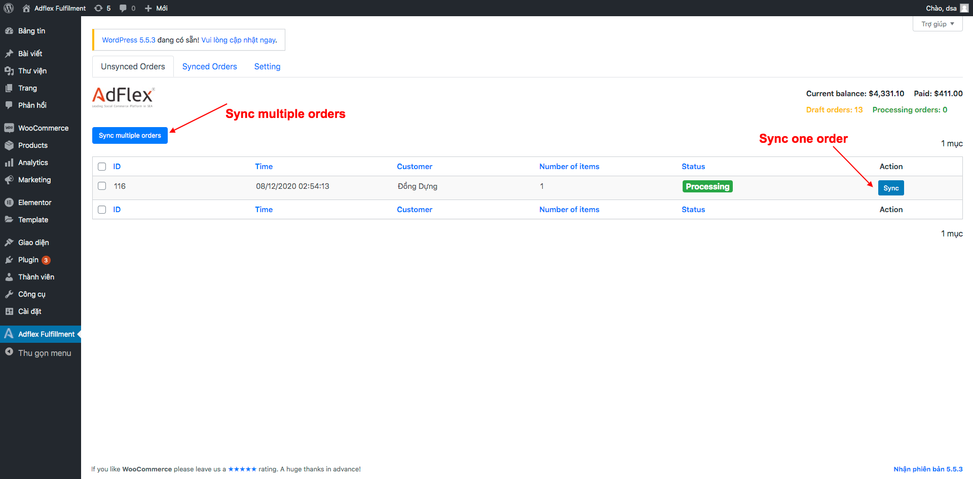Sync order from wordpress site to adflex fulfillment system