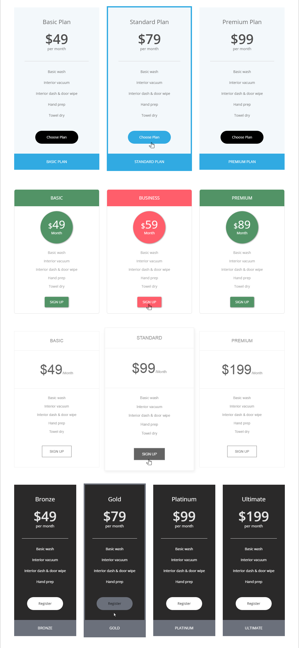 Example of pricing tables - Free version