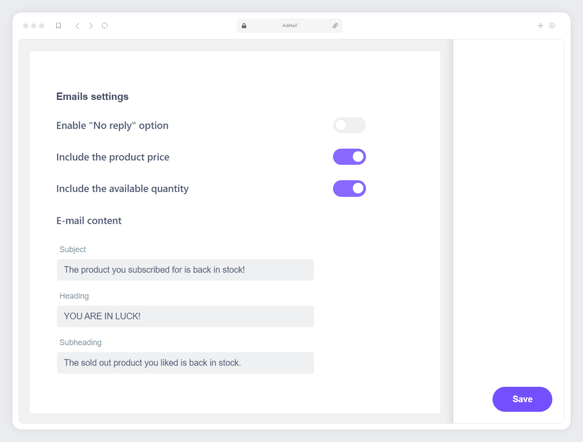 **Email Settings** Easily personalize your notification emails with a store name, logo, subject line, email address, and other settings through AdMail's customization options.