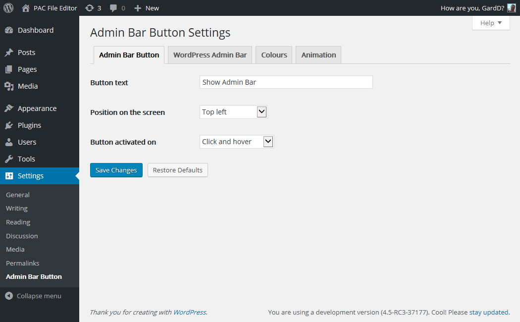 The 'Admin Bar Buttons' options from the plugin settings page.