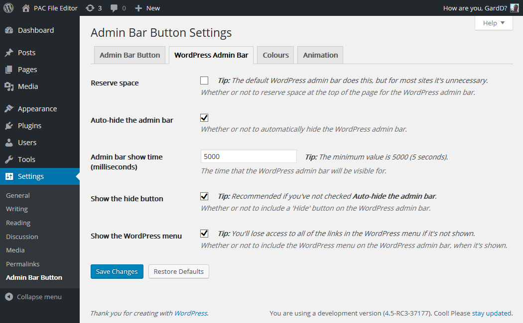 The 'WordPress Admin Bar' options from the plugin settings page.