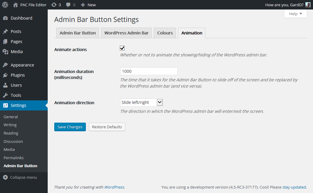 The 'Animation' options from the plugin settings page.