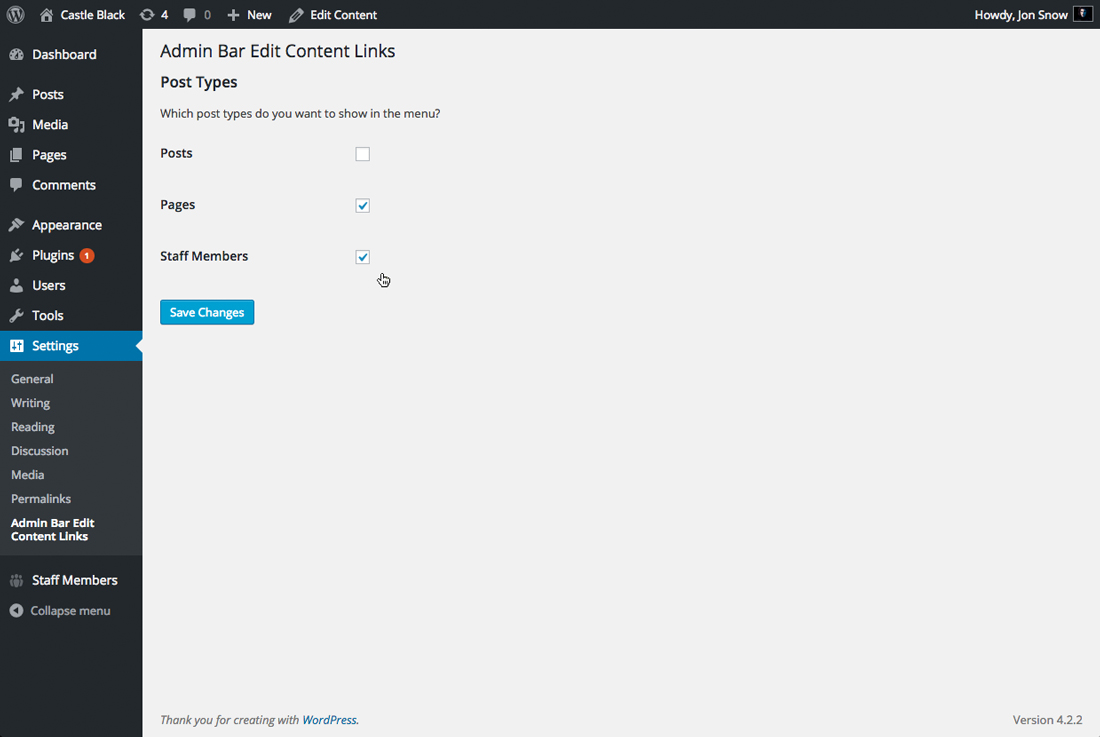 Admin Bar Edit Content Links settings menu