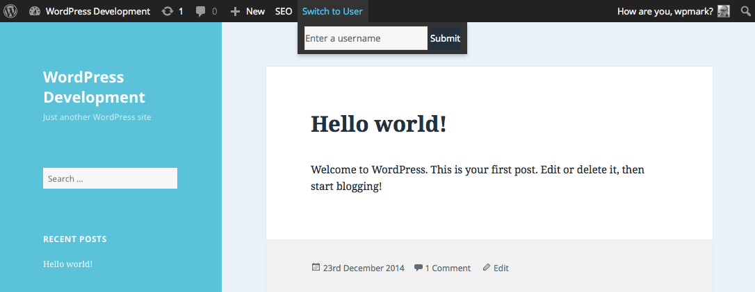 A Switch to user item is added to the WordPress admin bar to allow you to search for a user to switch to.