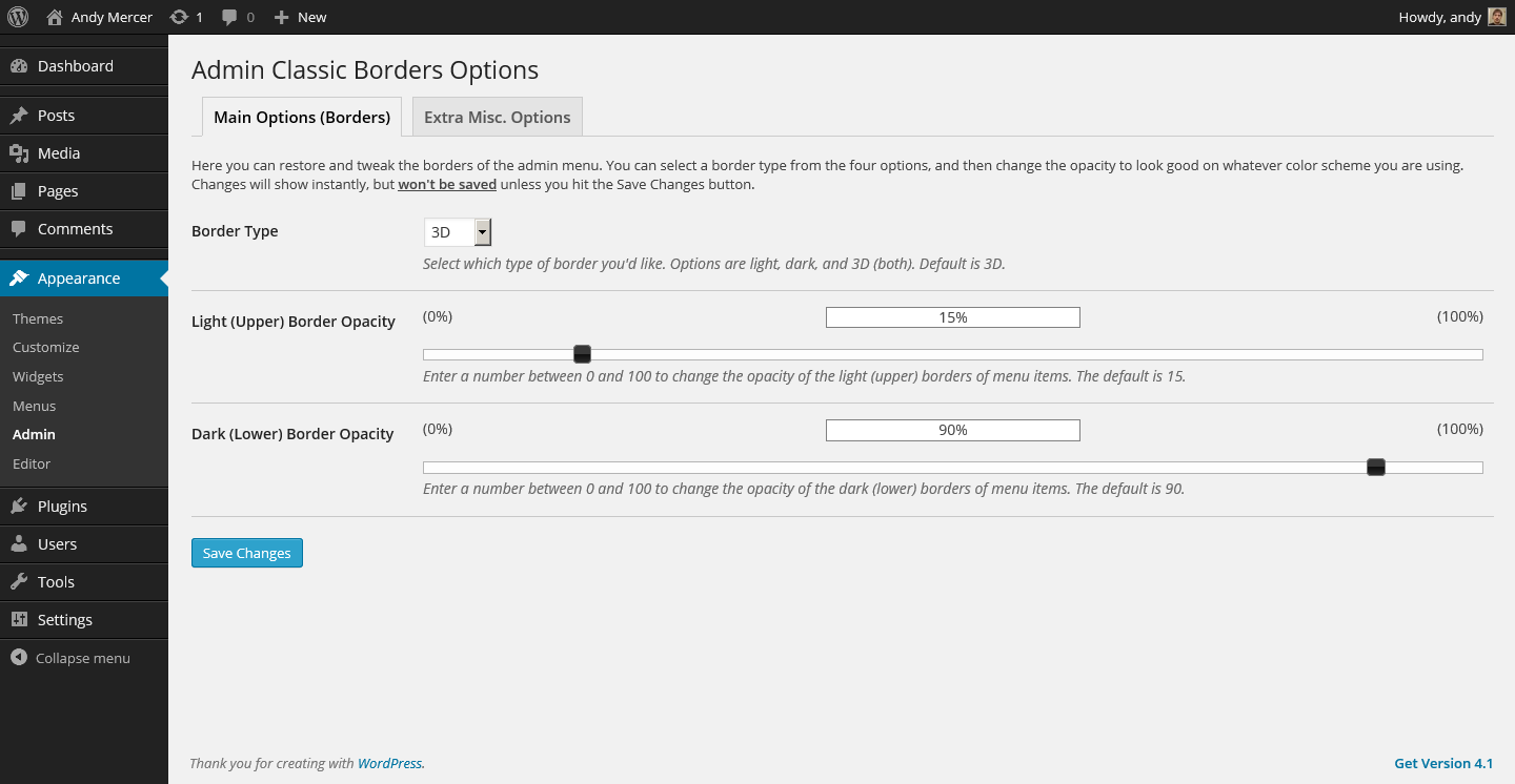 The options page for this plugin, under Appearance -> Admin