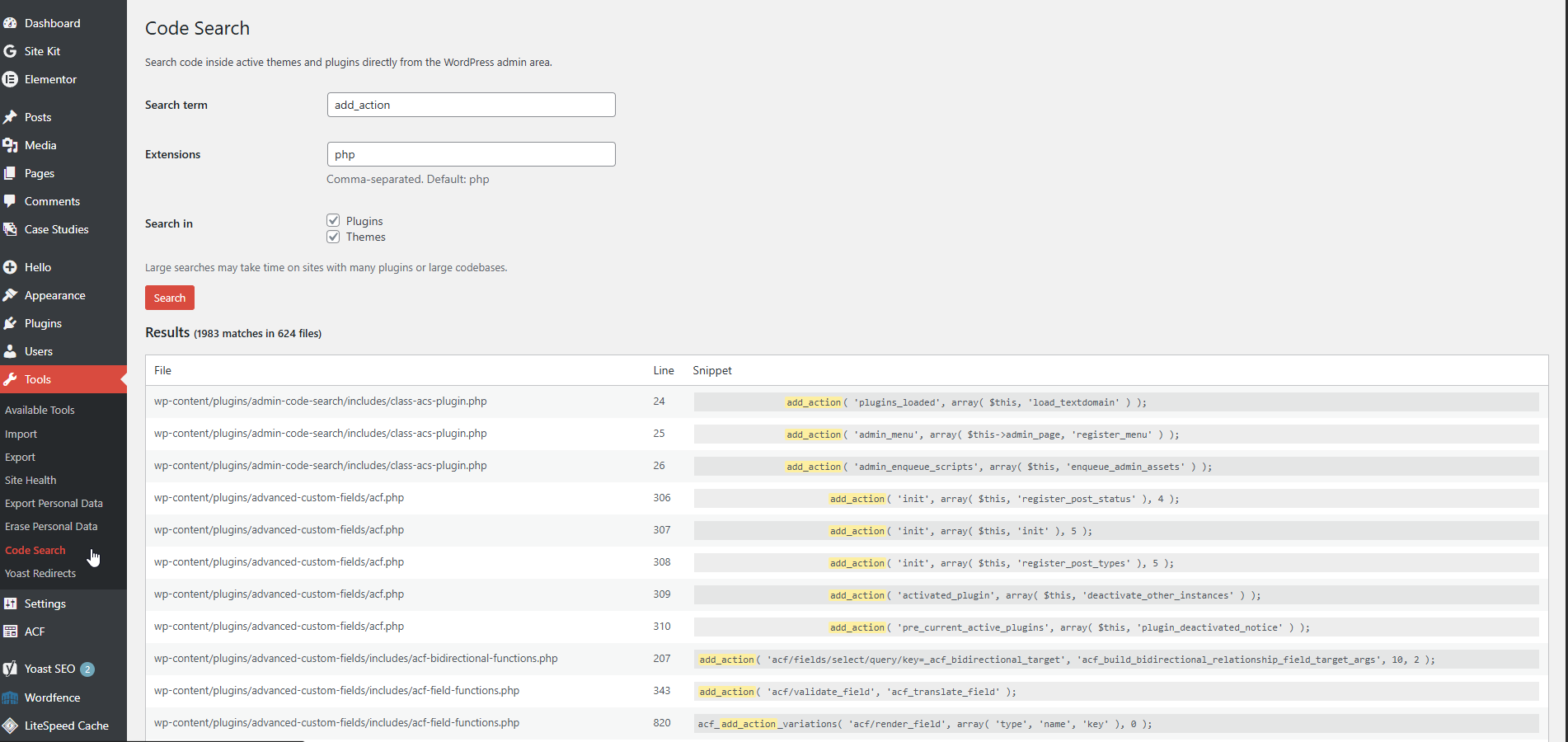 Results showing matches across plugin and theme files