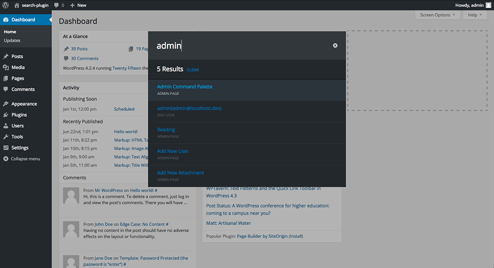The Admin Command Palette in action.