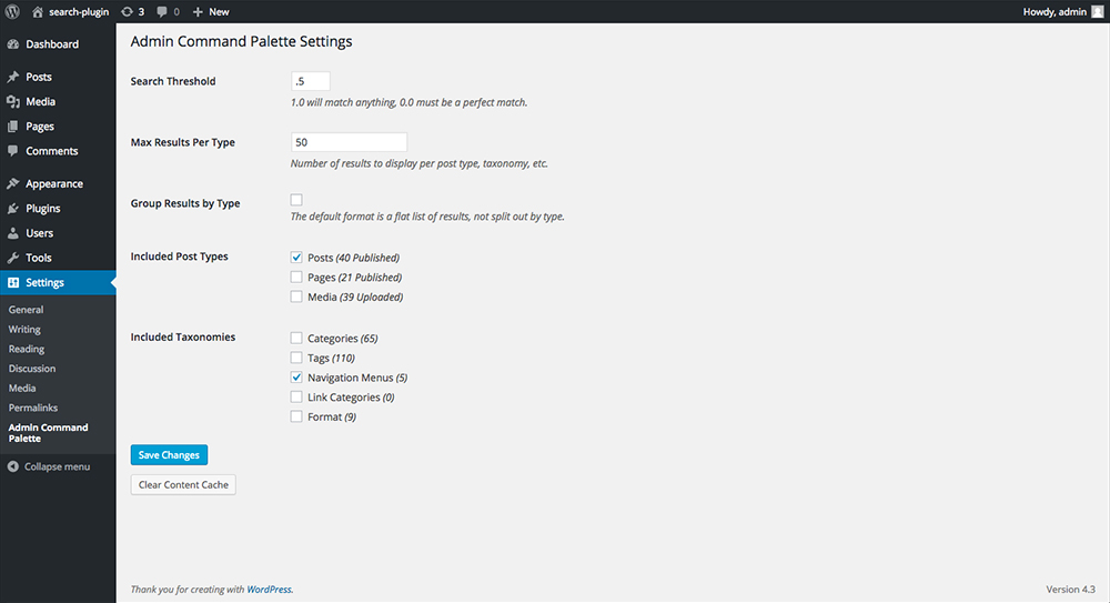 The Admin Command Palette settings page.