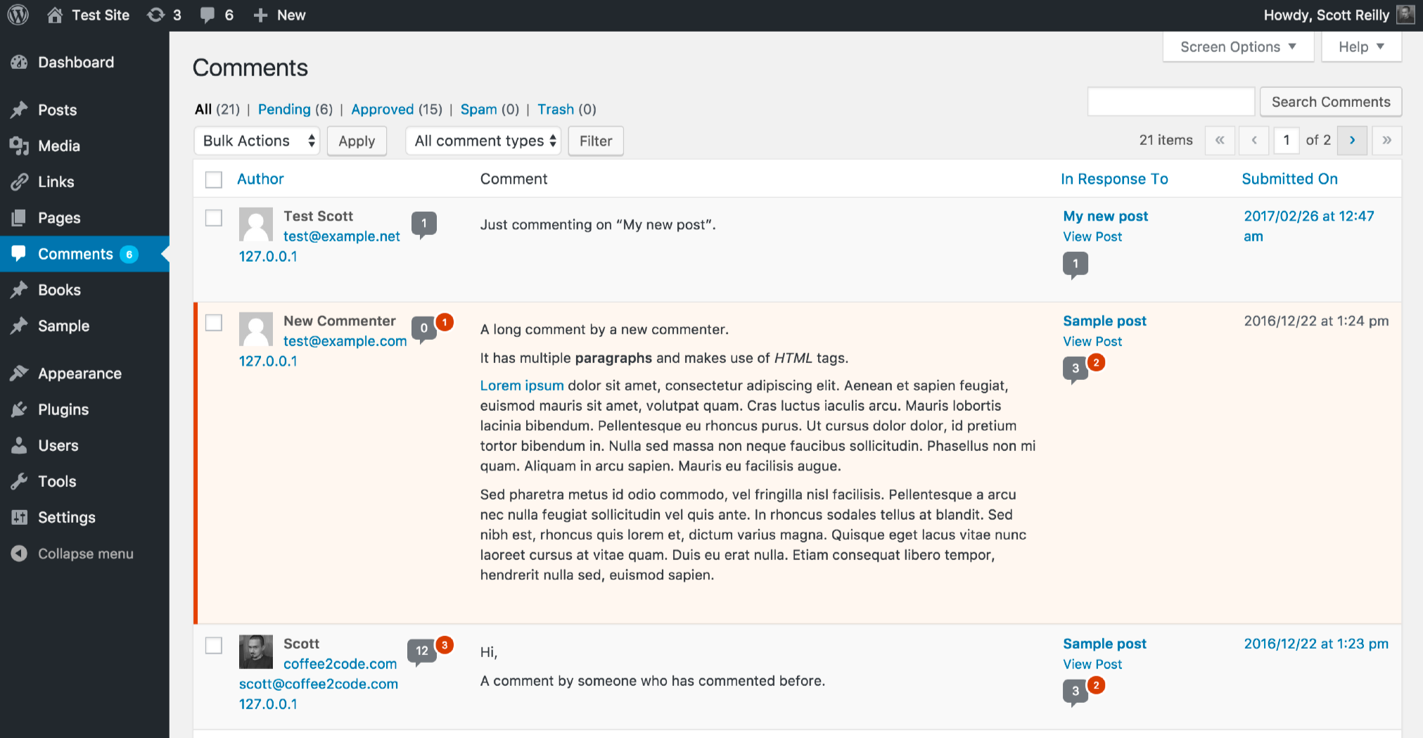 A screenshot of the 'Comments' admin page with the comment count appearing next to the commenter's name. The most recent comment is from someone who has one approved commented on the site. The second comment is from someone who hasn't commented on the site before and has one comment in moderation. The third comment is from someone who has commented 12 times before and has 3 additional comments in moderation.