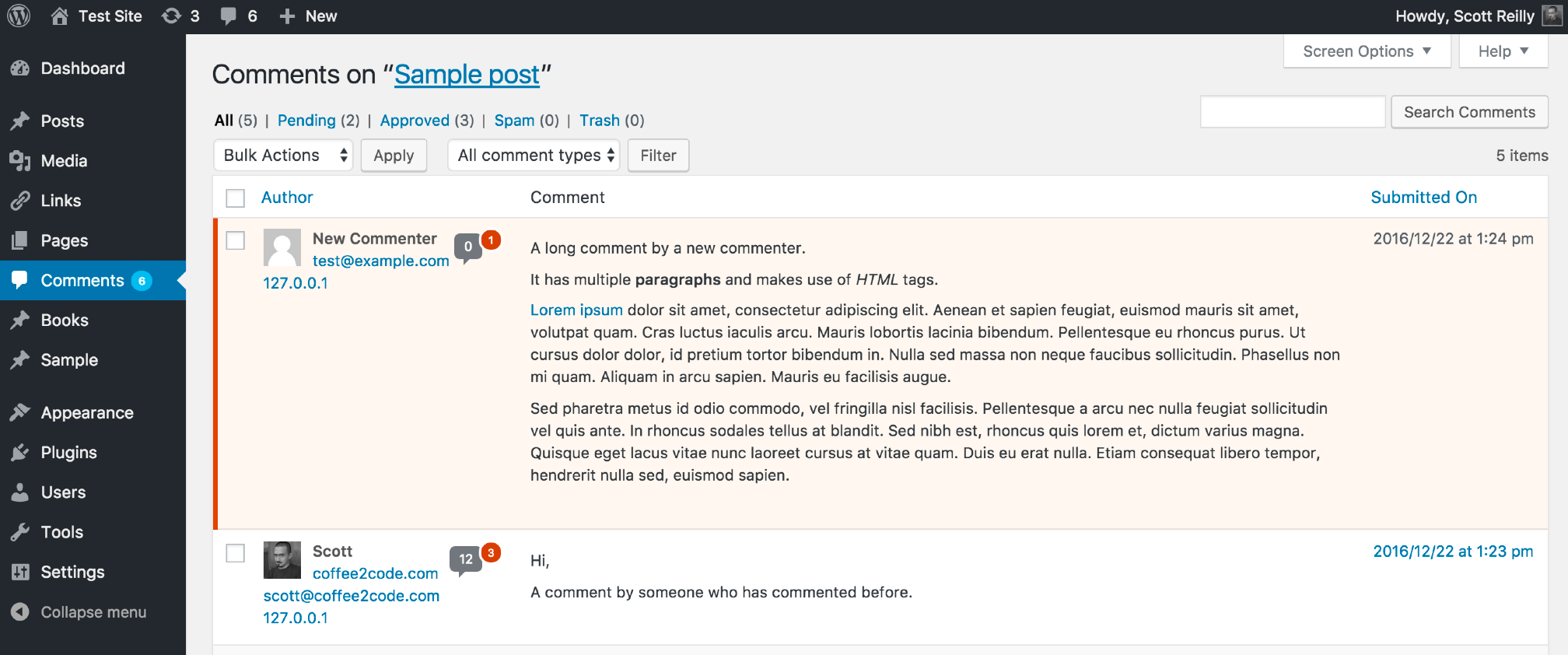 A screenshot of the 'Comments on POST TITLE' admin page with the comment count appearing next to the commenter's name.