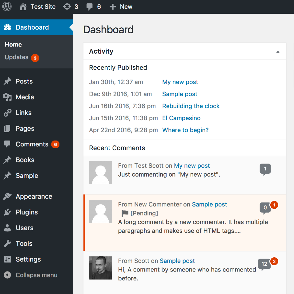 A screenshot of the 'Activity' admin dashboard widget with the comment count appearing next to the commenter's name.
