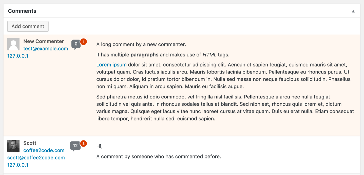 A screenshot of the 'Comments' metabox on the 'Edit Post' admin page with the comment count appearing next to the commenter's name.