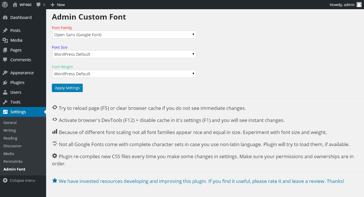 Plugin Admin Settings Page (Open Sans Google Font)
