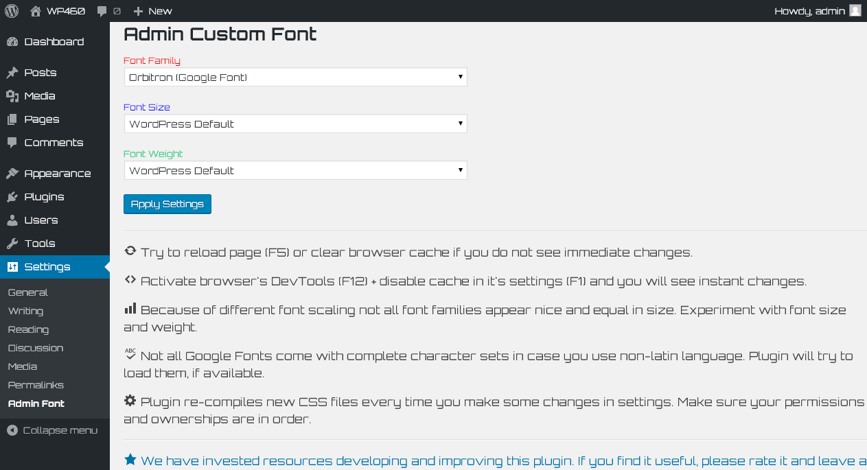Plugin Admin Settings Page (Orbitron Google Font)
