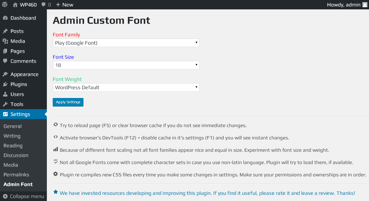 Plugin Admin Settings Page (Play Google Font)