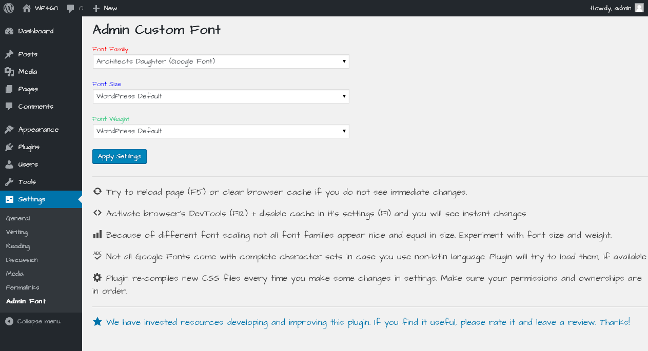 Plugin Admin Settings Page (Architects Daughter Google Font)