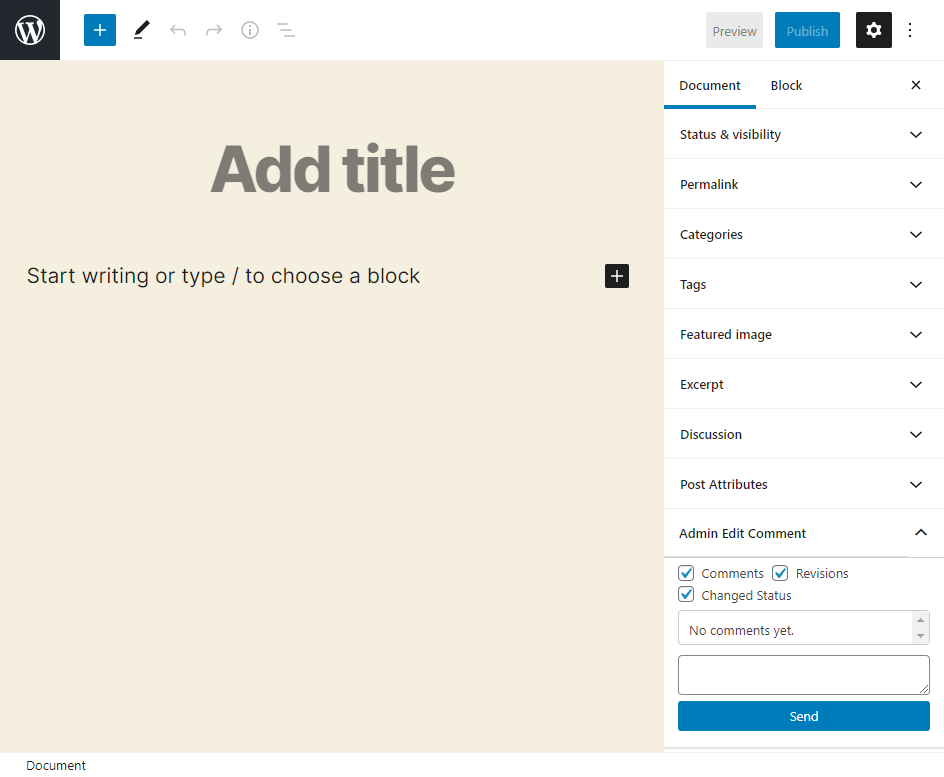 Add Admin Edit Comment panel on the Document tab.