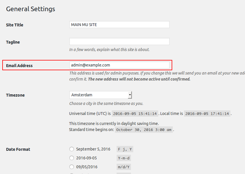 A screenshot of the WordPress Settings->General section with the admin email field marked red.