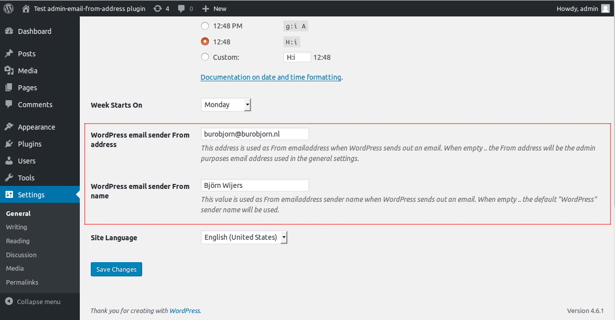 A screenshot of the WordPress Settings->General section with the extra fields for setting the From email address and name.