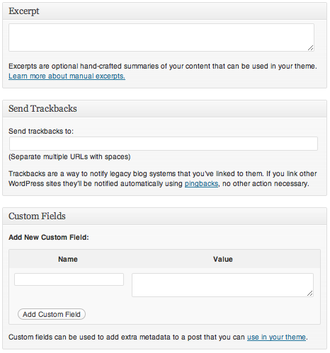 A screenshot of the same panels of the 'Edit Post' admin page as they appear in a standard WP 3.3 installation. See the difference?