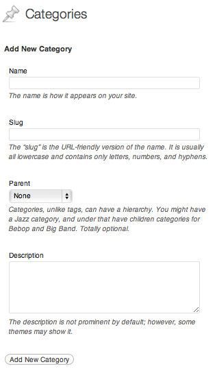 A screenshot of the form on the 'Categories' admin page as they appear in a standard WP 3.3 installation. See the difference?